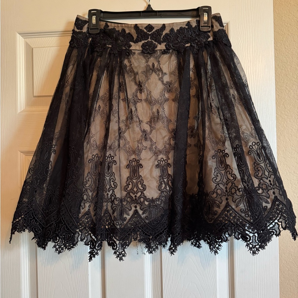 Byron Lars Black Lace A-Line Skirt over Nude Lining